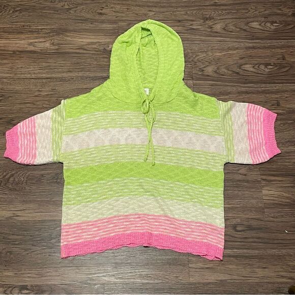 Bibi Rhyme Or Reason Lightweight Striped Hoodie Sweater Green Pink Size Medium - Picture 7 of 12